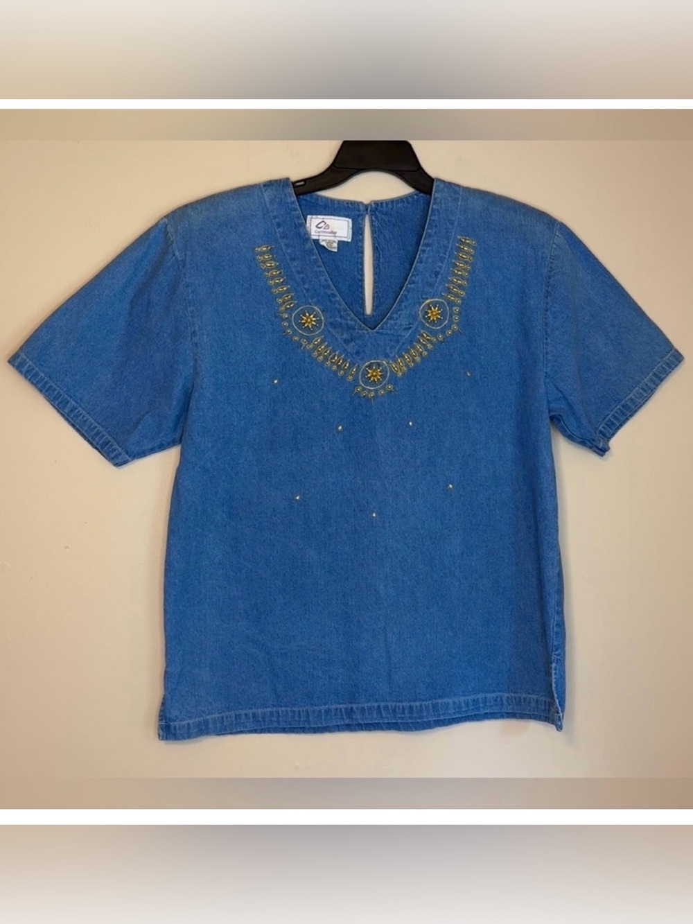 Vintage 90s Embellished Denim Top Sunburst Embroidered blouse XL western boho